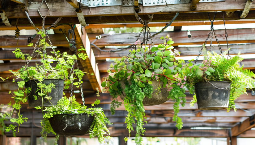 indoor, hanging plants, vintage metal baskets, rustic charm, wooden beam, ferns, trailing ivy.