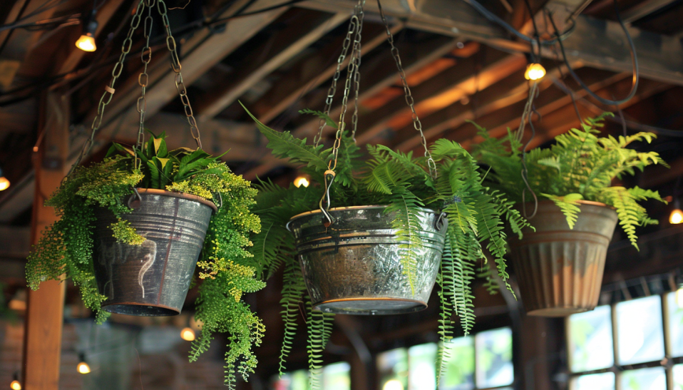 indoor, hanging plants, vintage metal baskets, rustic charm, wooden beam, ferns, trailing ivy