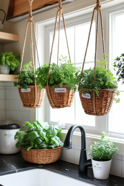 indoor herb garden, hanging wicker baskets, kitchen plants, labeled baskets, culinary herbs.