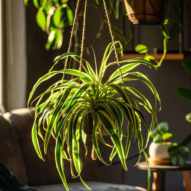 indoor, spider plant, hanging plants, green, white-striped, tropical, pet-friendly