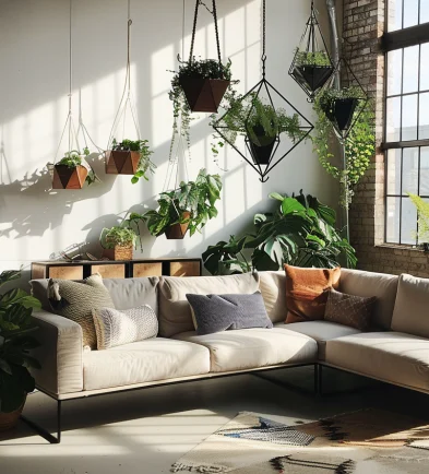 industrial living room, hanging plants, geometric plant holders, modern décor, natural light