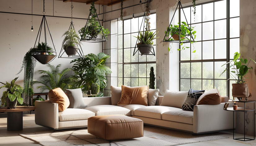 industrial living room, hanging plants, geometric plant holders, modern décor, natural light.