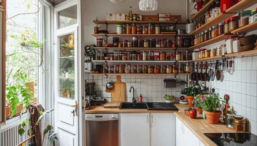 kitchen, vertical storage, shelves, spices, dishes, space-saving.