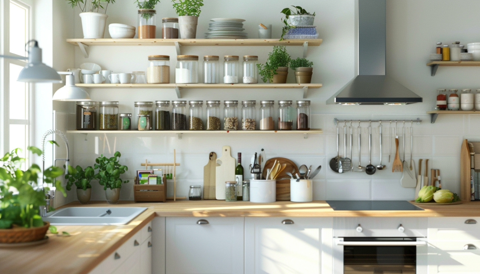 kitchen, vertical storage, shelves, spices, dishes, space-saving