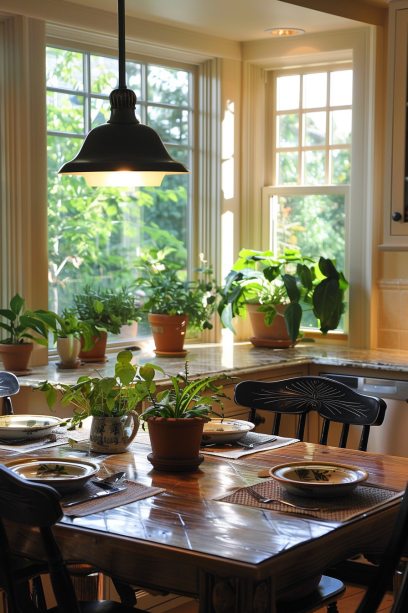 kitchen with plants table dinner windows sills