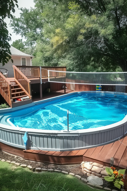 large above ground pool like sports center with volley ball net fun and fitness