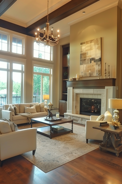 living room, focal point, oversized painting, balanced furniture, natural light.