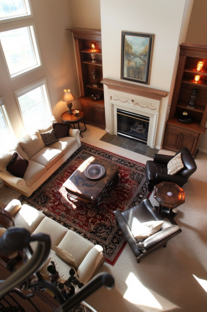 living room, focal point, oversized painting, balanced furniture, natural light