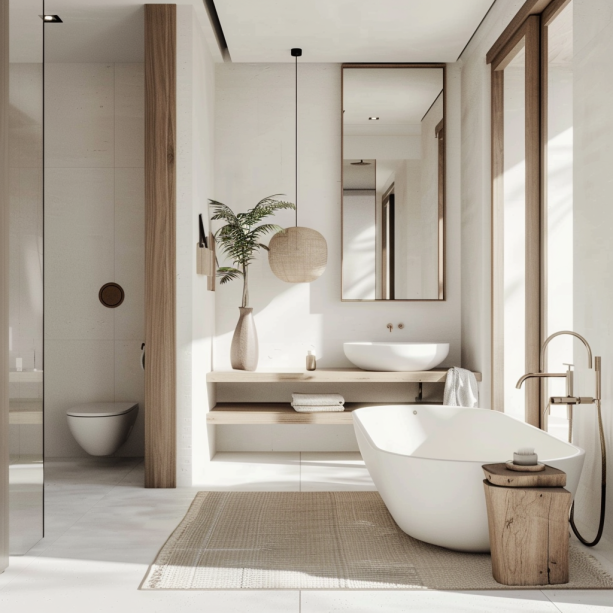 minimalist, white, Japandi, bathroom, natural light, wood accents.