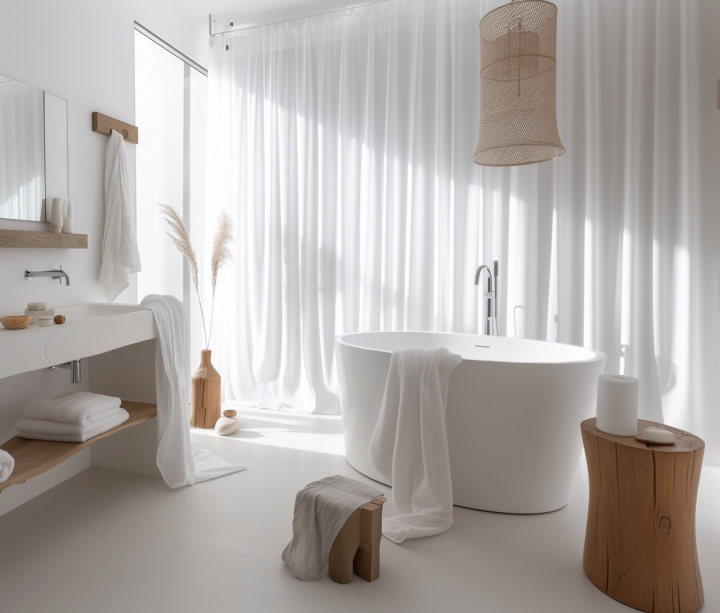 minimalist, white, Japandi, bathroom, natural light, wood accents