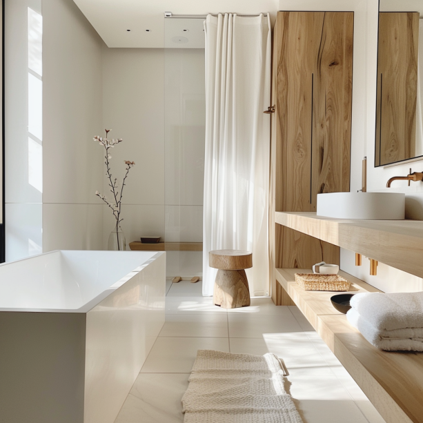 minimalist, white, Japandi, bathroom, natural light, wood accents...