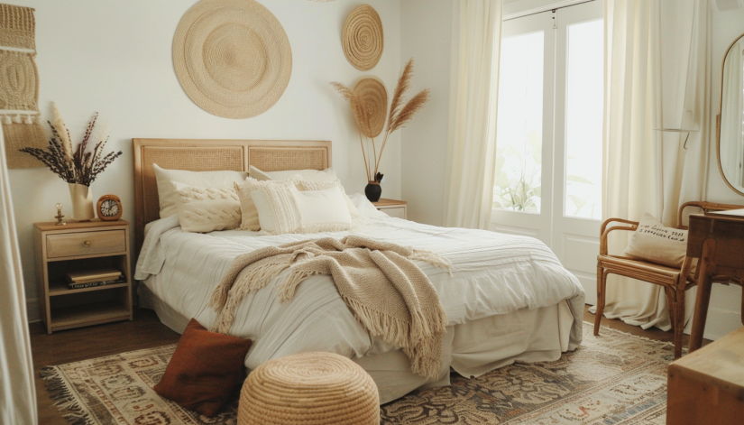 modern boho bedroom, neutral palette, textural throws, eclectic rugs, vintage accessorie