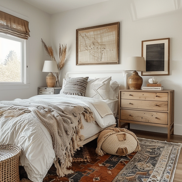 modern boho bedroom, neutral palette, textural throws, eclectic rugs, vintage accessories...