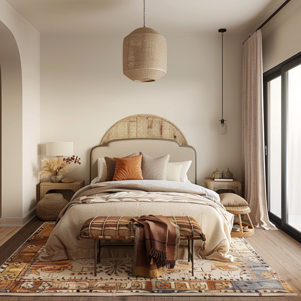 modern boho bedroom, neutral palette, textural throws, eclectic rugs, vintage accessories.