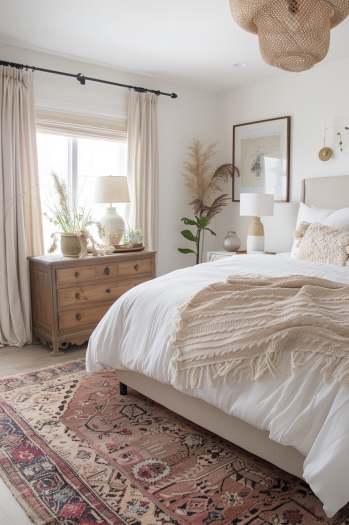 modern boho bedroom, neutral palette, textural throws, eclectic rugs, vintage accessories