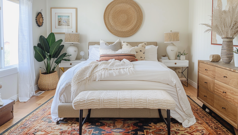 modern boho bedroom, neutral palette, textural throws, eclectic rugs, vintage accessories clea