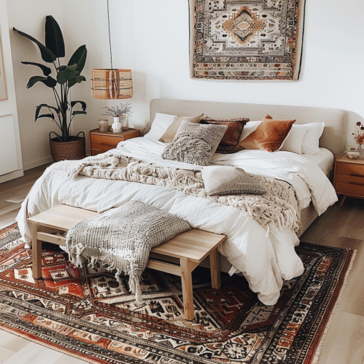 modern boho bedroom, neutral palette, textural throws, eclectic rugs, vintage accessories....