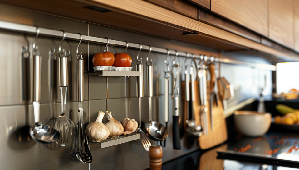 modern kitchen, rail systems, hanging storage, space-saving, organized