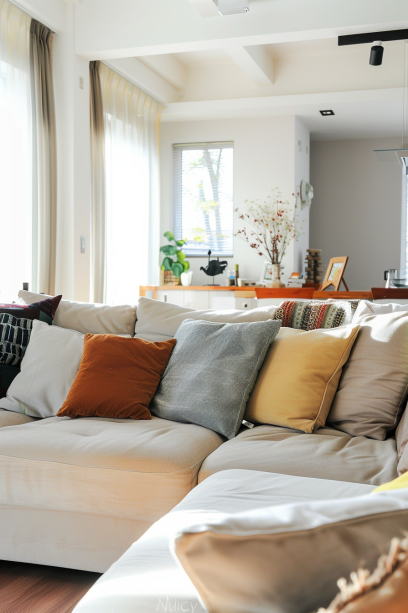 modern living room, neutral sofa, colorful pillows, patterned throws, stylish interior