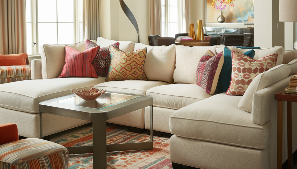 modern living room, neutral sofa, colorful pillows, patterned throws, stylish interior design