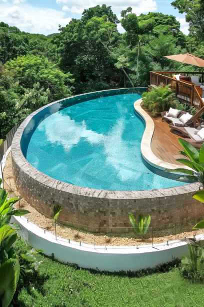 of a high-quality above-ground infinity edge pool with water flowing over the edge