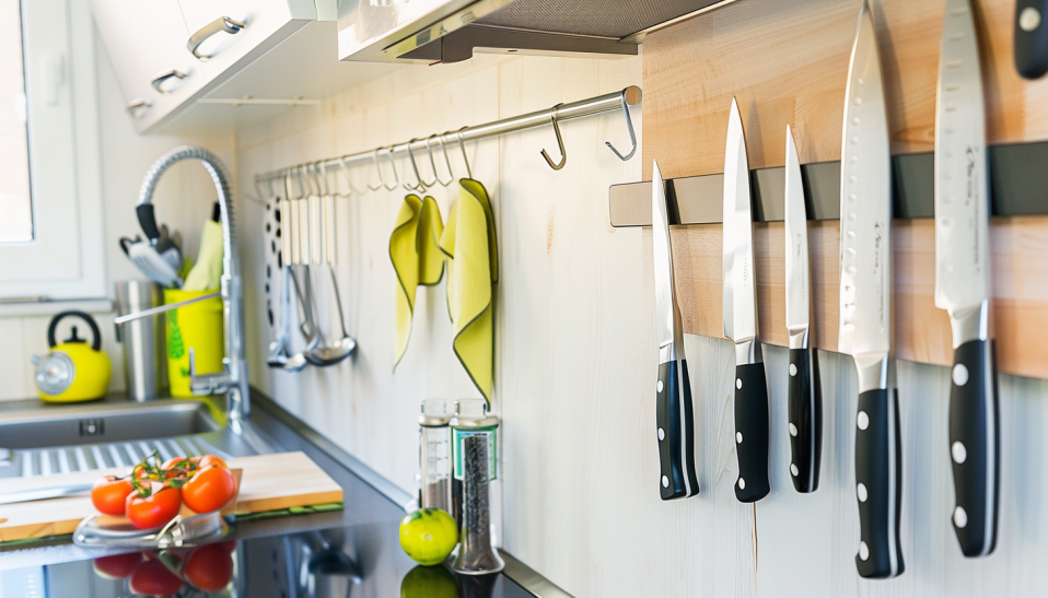 organized kitchen, magnetic knife strip, space-saving storage-