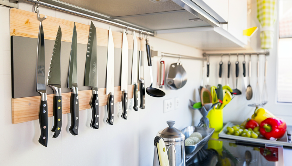 organized kitchen, magnetic knife strip, space-saving storage