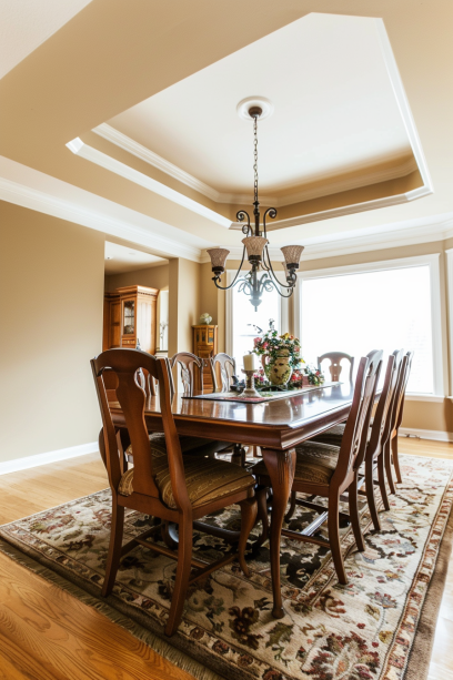 oversized dining room rug, decorating mistake, elegant dining area, natural lighting