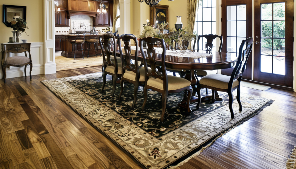 oversized dining room rug, decorating mistake, elegant dining area, natural lighting.