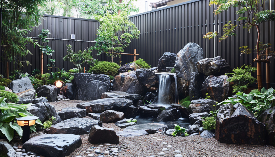 small Japanese garden, waterfall, natural design, rocks, lush plants