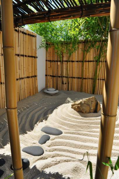 small Zen sand garden, Japanese garden, meditation space, raked gravel, bamboo enclosure