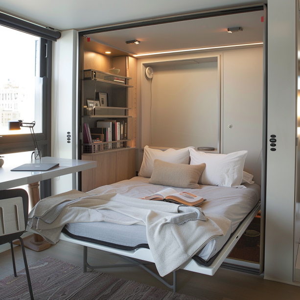 small apartment, clever storage, foldable furniture, space-saving, Murphy bed, folding desk, efficient layout.