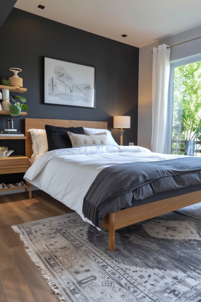 small bedroom, dark colors, space optimization, cozy interior, light wood furniture, natural light, dark grey walls