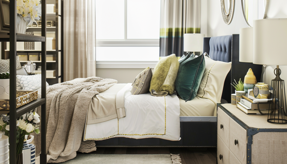 small bedroom, decorative pillows, velvet, linen, luxury, comfort, space-enhancing, minimalist, smart storage, ambient lighting