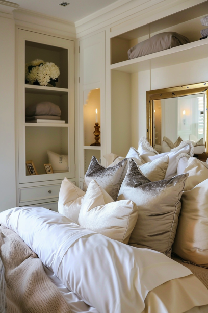small bedroom, decorative pillows, velvet, linen, luxury, comfort, space-enhancing, minimalist, smart storage,