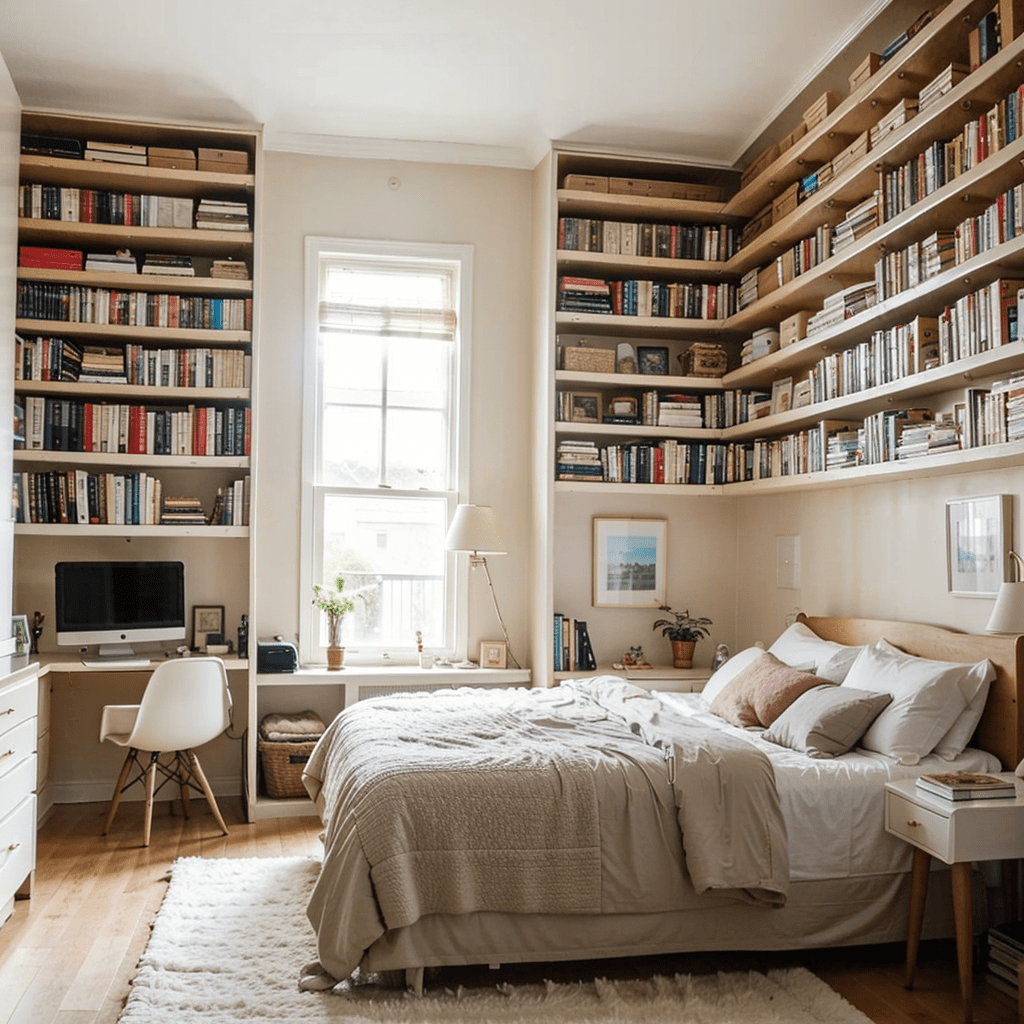 small bedroom design, vertical storage, space maximizing, ceiling bookcases, natural light, spacious interior
