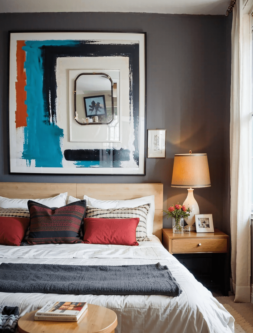 small bedroom, eclectic wall art, gallery wall, cozy bedroom decor, efficient space use