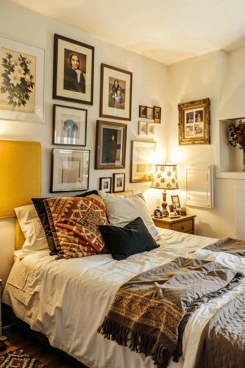small bedroom, eclectic wall art, gallery wall, cozy bedroom decor, efficient space use, vibrant artwork.