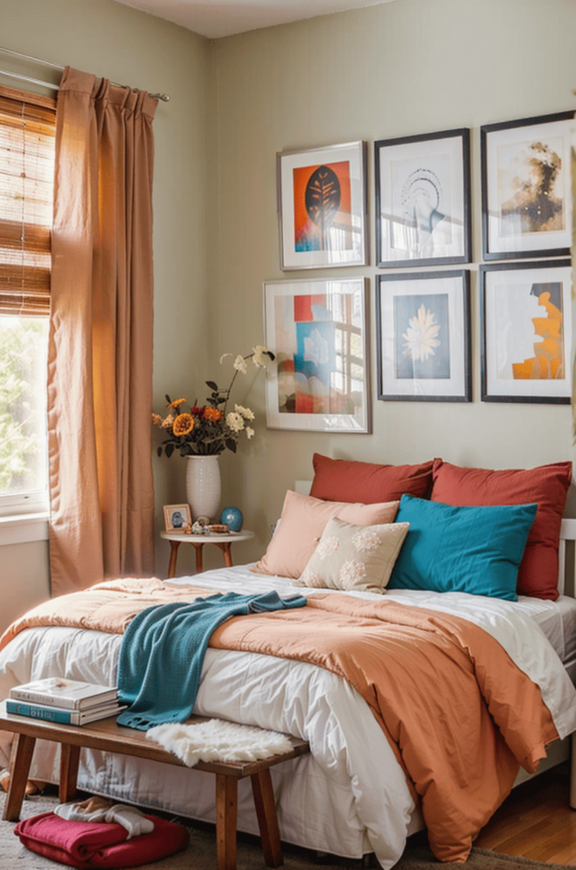 small bedroom, eclectic wall art, gallery wall, cozy bedroom decor, efficient space use, vibrant artwork....