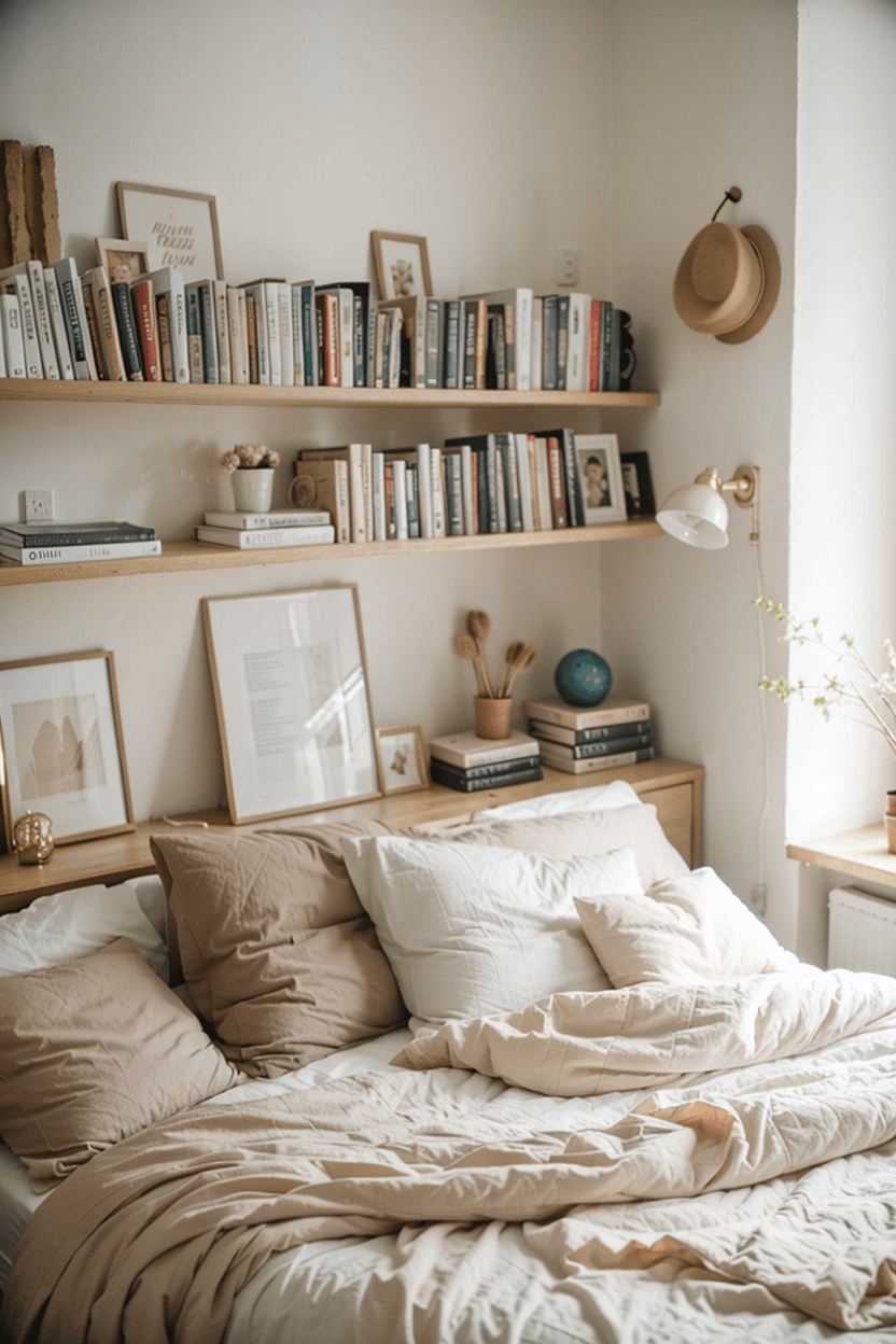small bedroom, floating shelf, space maximizing, minimalist design, natural light, decorative items, organized space..