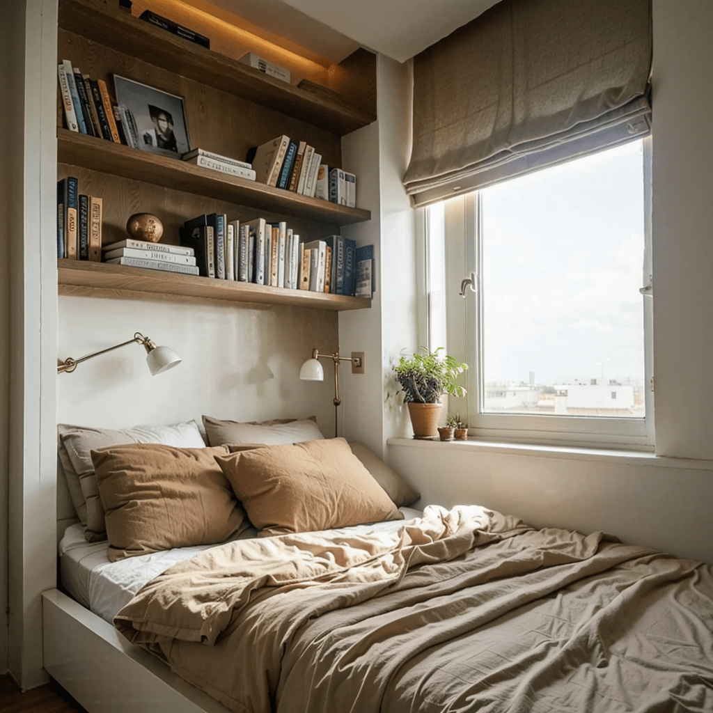 small bedroom, floating shelf, space maximizing, minimalist design, natural light, decorative items, organized space main
