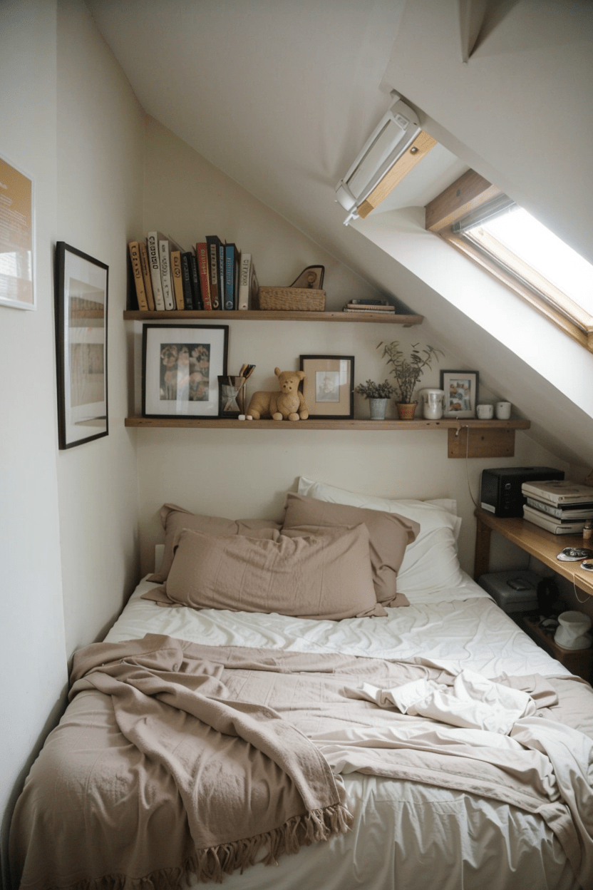 small bedroom, floating shelf, space maximizing, minimalist design, natural light, decorative items, organized space