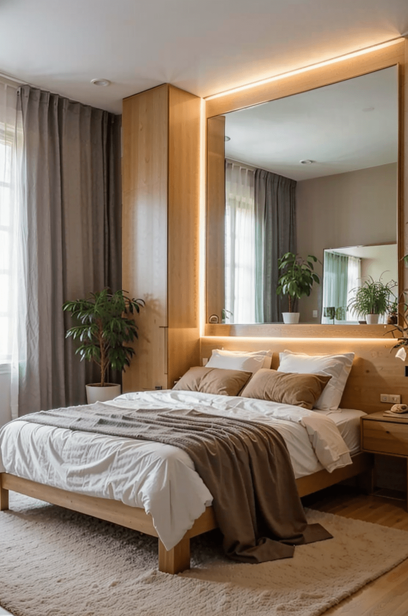 small bedroom, full-length mirror, space illusion, natural light, minimalist decor, elegant wooden frame