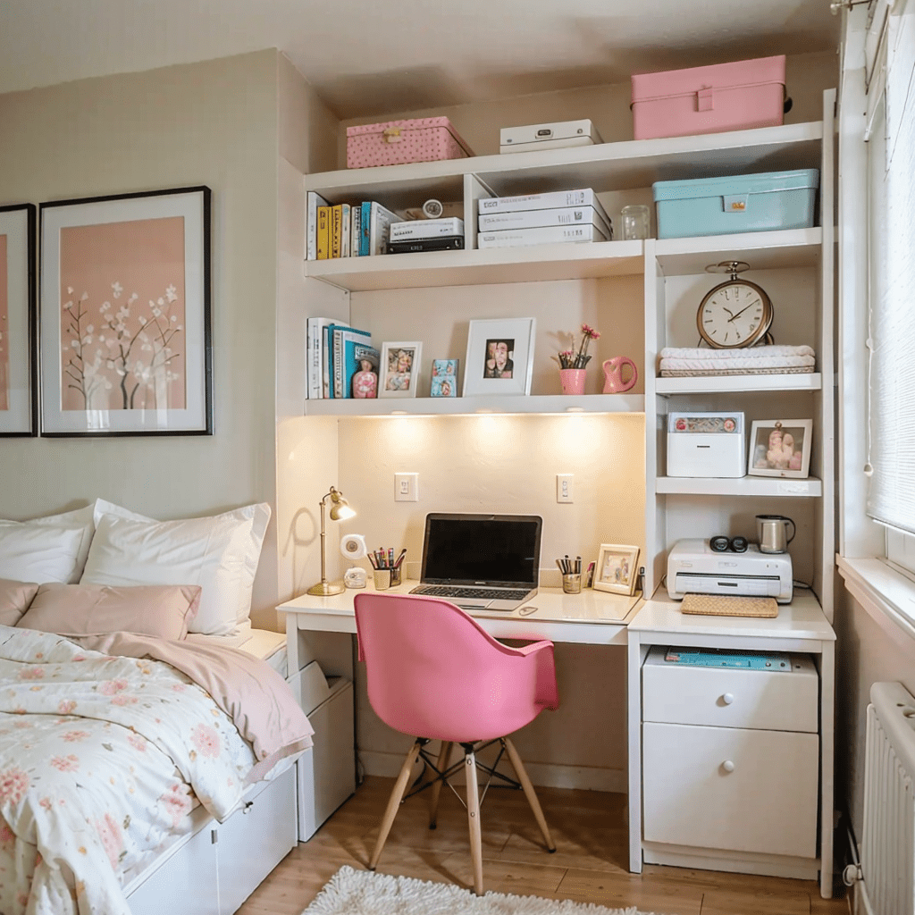 small bedroom, light colors, visual expansion, smart organization, spacious feel, monochromatic color scheme, pastel accents, built-in storage (2)