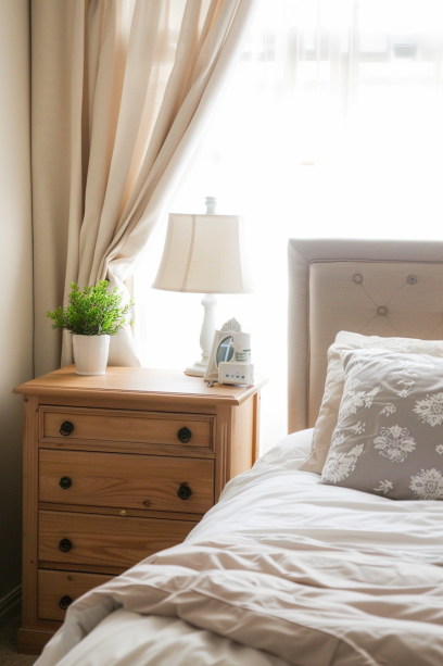 small bedroom, minimalist design, small dresser nightstand, space maximization, modern decor, couples bedroom.