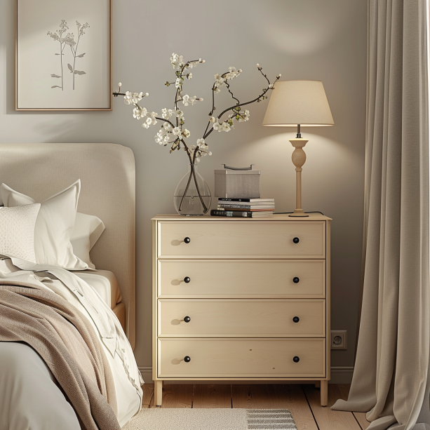 small bedroom, minimalist design, small dresser nightstand, space maximization, modern decor, couples bedroom style