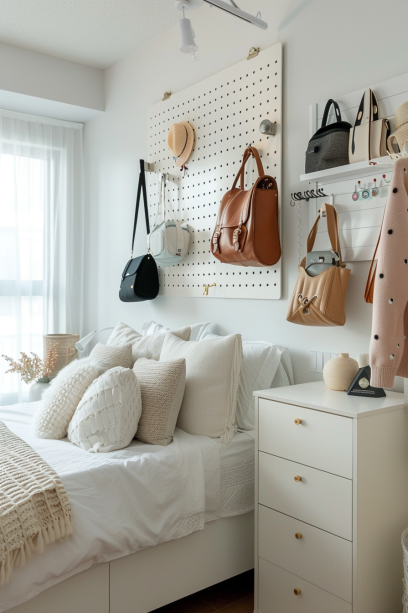 small bedroom organization, smart storage solutions, spacious bedroom design, light-colored theme, pegboard storage, over-the-door hanger, minimalistic furniture.