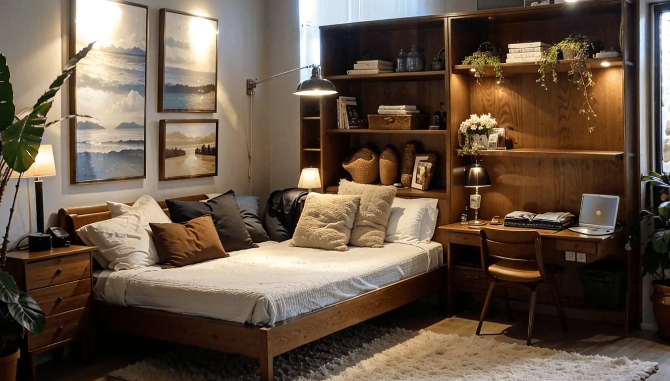 small bedroom organization, sofa bed, space-saving furniture, minimalist bedroom decor, small room design.