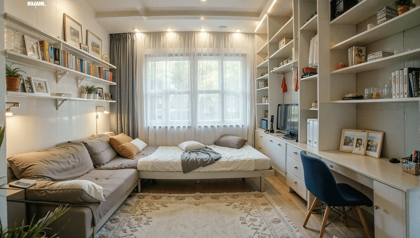 small bedroom organization, sofa bed, space-saving furniture, minimalist bedroom decor, small room design style