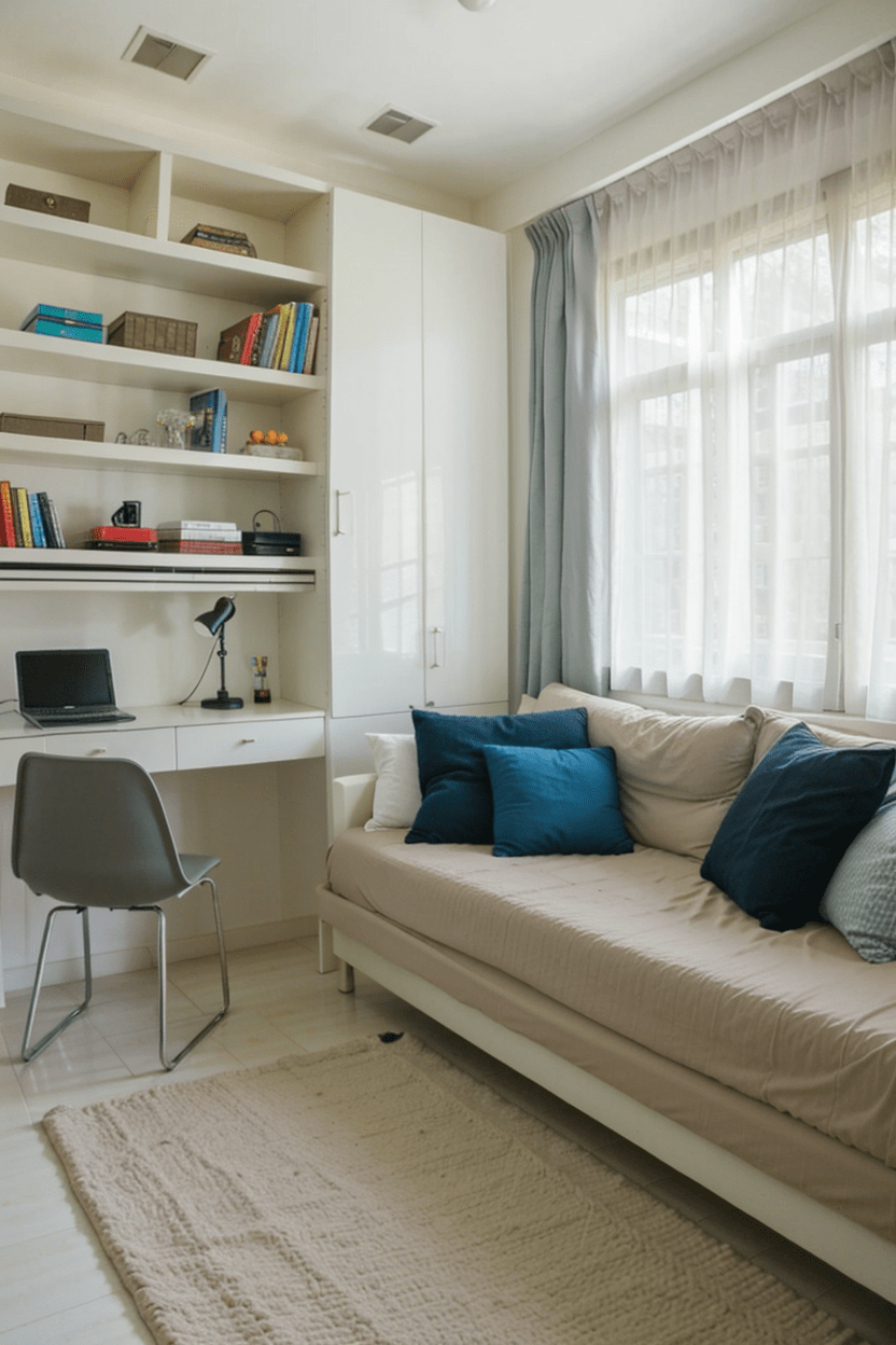 small bedroom organization, sofa bed, space-saving furniture, minimalist bedroom decor, small room design